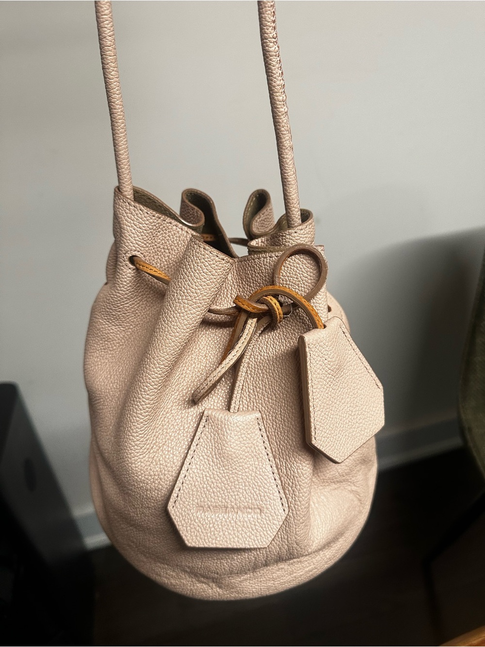 Pebbled Drawstring Bucket Shoulder Bag in Taupe